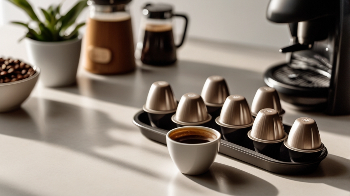cápsulas tradicionales y modelo Point en un entorno elegante, que transmita la idea de "café de especialidad". Esto puede ayudar a captar la atención y a posicionar visualmente la palabra clave